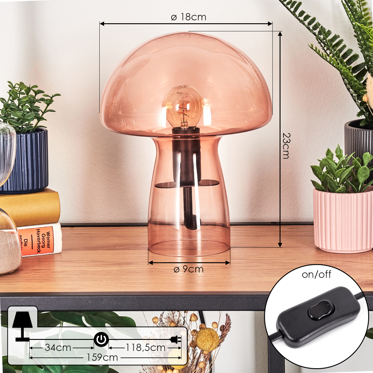 Eine pilzförmige Lampe mit Maßen. Enthält einen Netzschalter, Pflanzen und Bücher auf einer Holzoberfläche. Maße sind angegeben.