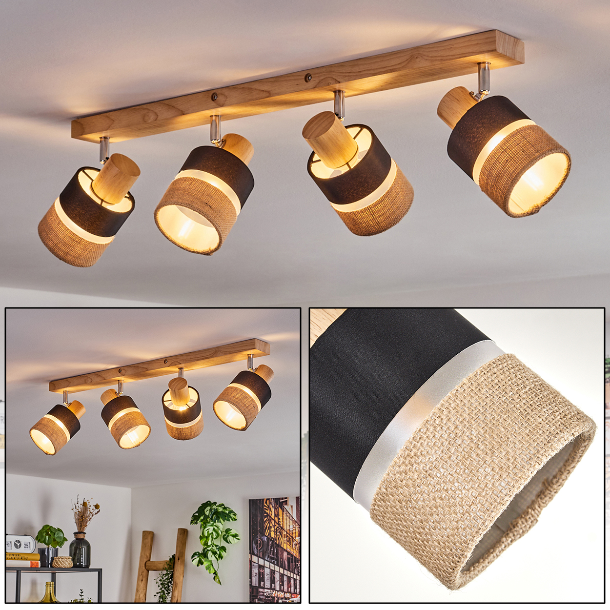 Eine Deckenleuchte mit vier Strahlern. Die Lampenschirme sind schwarz und beige. Der Holzbalken hält die Lichter.