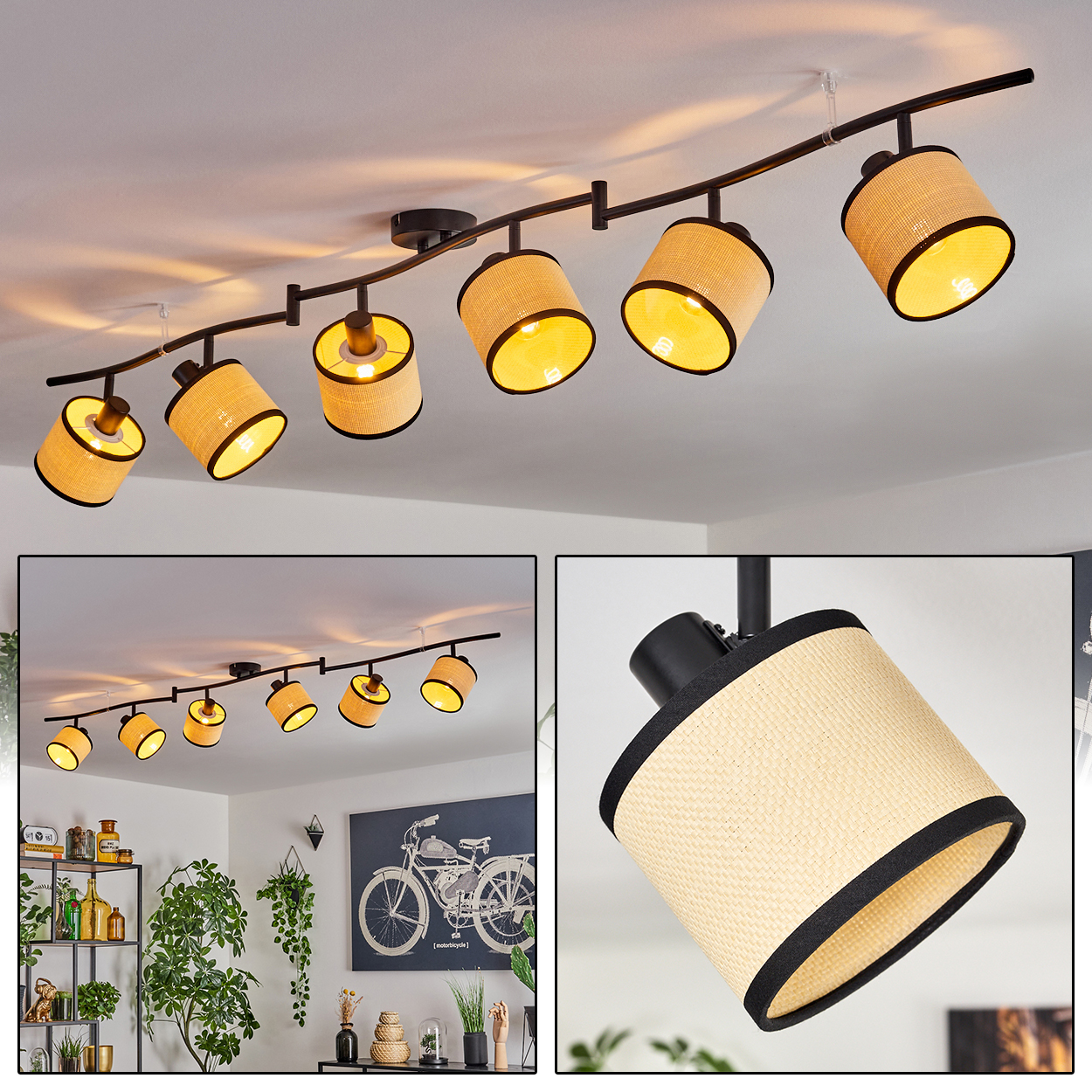 Deckenleuchte. Sieben Lampen mit gewebten Schirmen und schwarzem Rand. Weiße Decke und ein Raum mit Dekoration im Hintergrund.