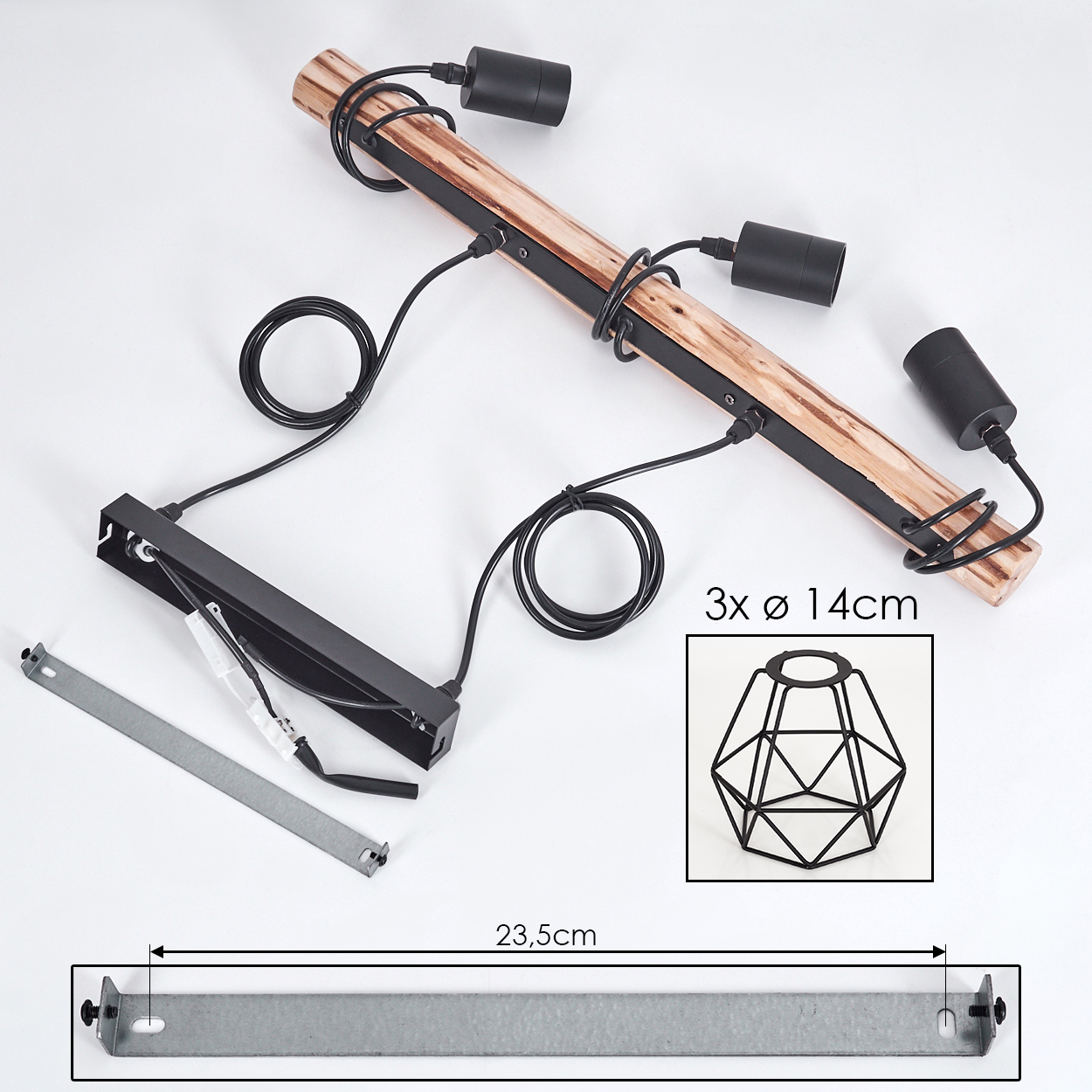 Eine zerlegte Lampe aus Holz und schwarzem Metall. Enthält den Lampenkörper, Metallhalterungen, Drähte und einen geometrischen Lampenschirmrahmen.