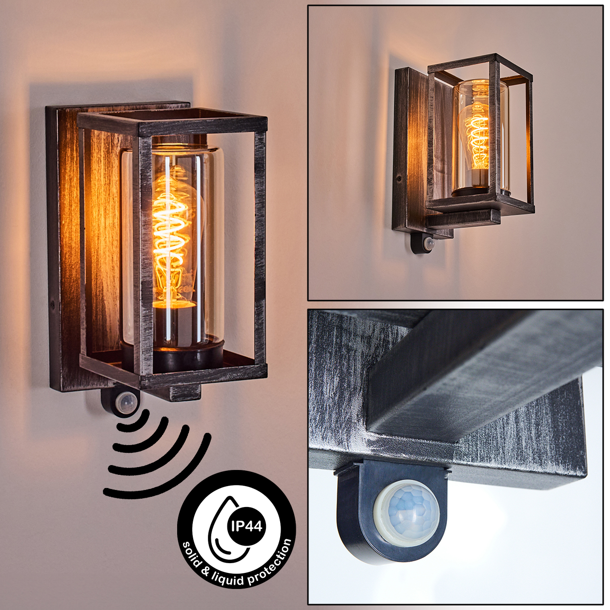Eine Wandlampe mit Metallrahmen und sichtbarer Glühbirne. Sie hat einen Bewegungssensor und die Schutzart IP44 für Festkörper und Flüssigkeiten.