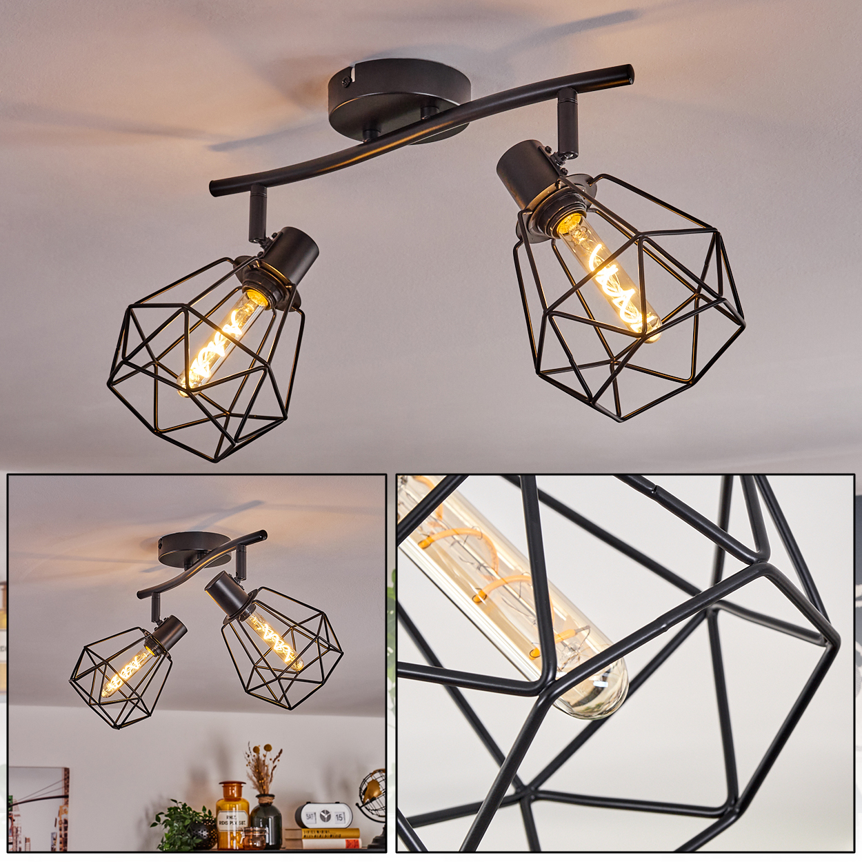 Schwarze Deckenlampe mit zwei geometrisch geformten Lichtern. Jedes Licht hat eine sichtbare, warm getönte Glühbirne.