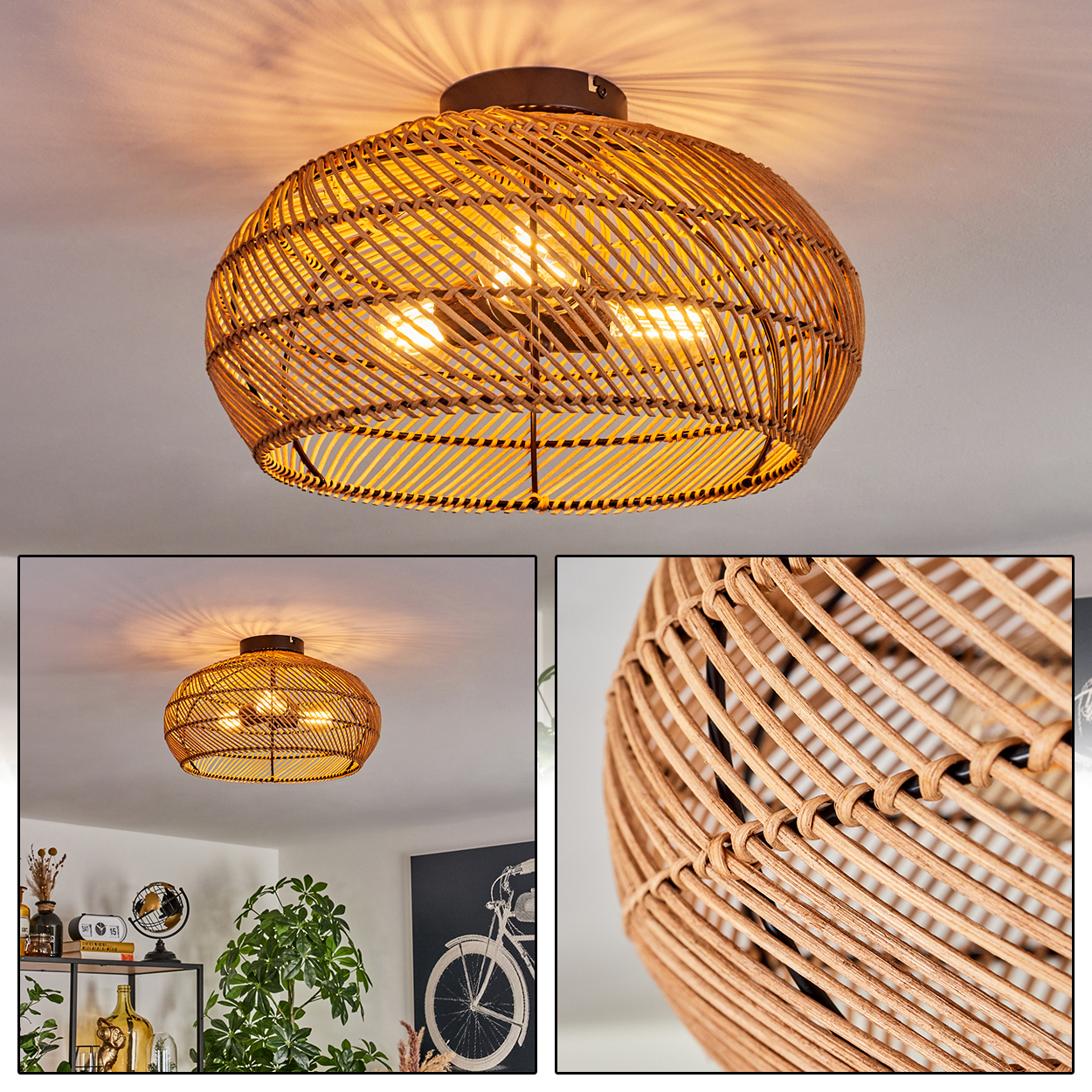 Lampenschirm aus Korbgeflecht mit Glühbirnen. Deckenlampe. Der Hintergrund zeigt einen Raum mit Dekorationen und einem Fahrradbild.