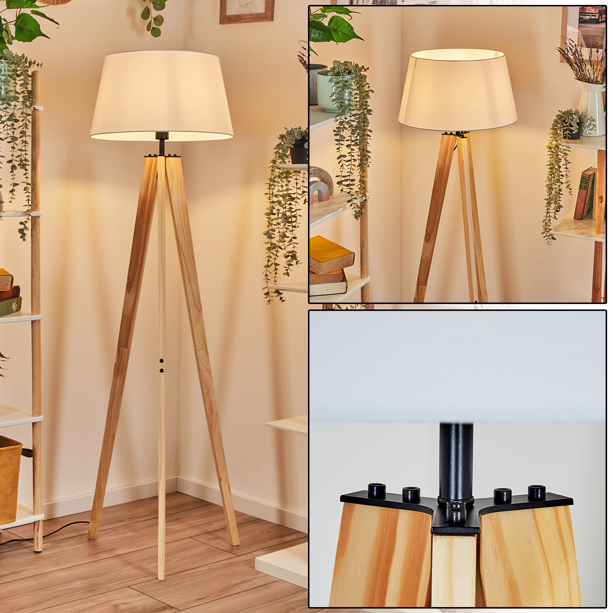 Eine hölzerne Stativ-Stehlampe mit weißem Lampenschirm steht in einem Raum mit Regalen und Pflanzen.