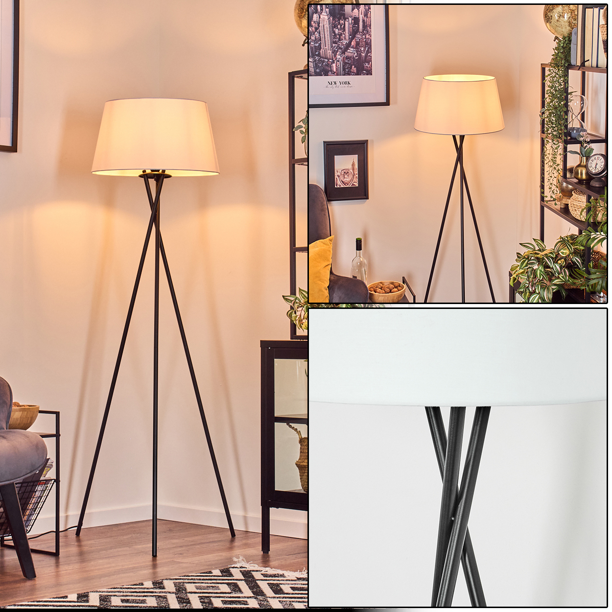 Eine schwarze Stativ-Stehlampe mit weißem Lampenschirm steht in einem Raum. Weitere Dekorationsartikel sind im Hintergrund zu sehen.