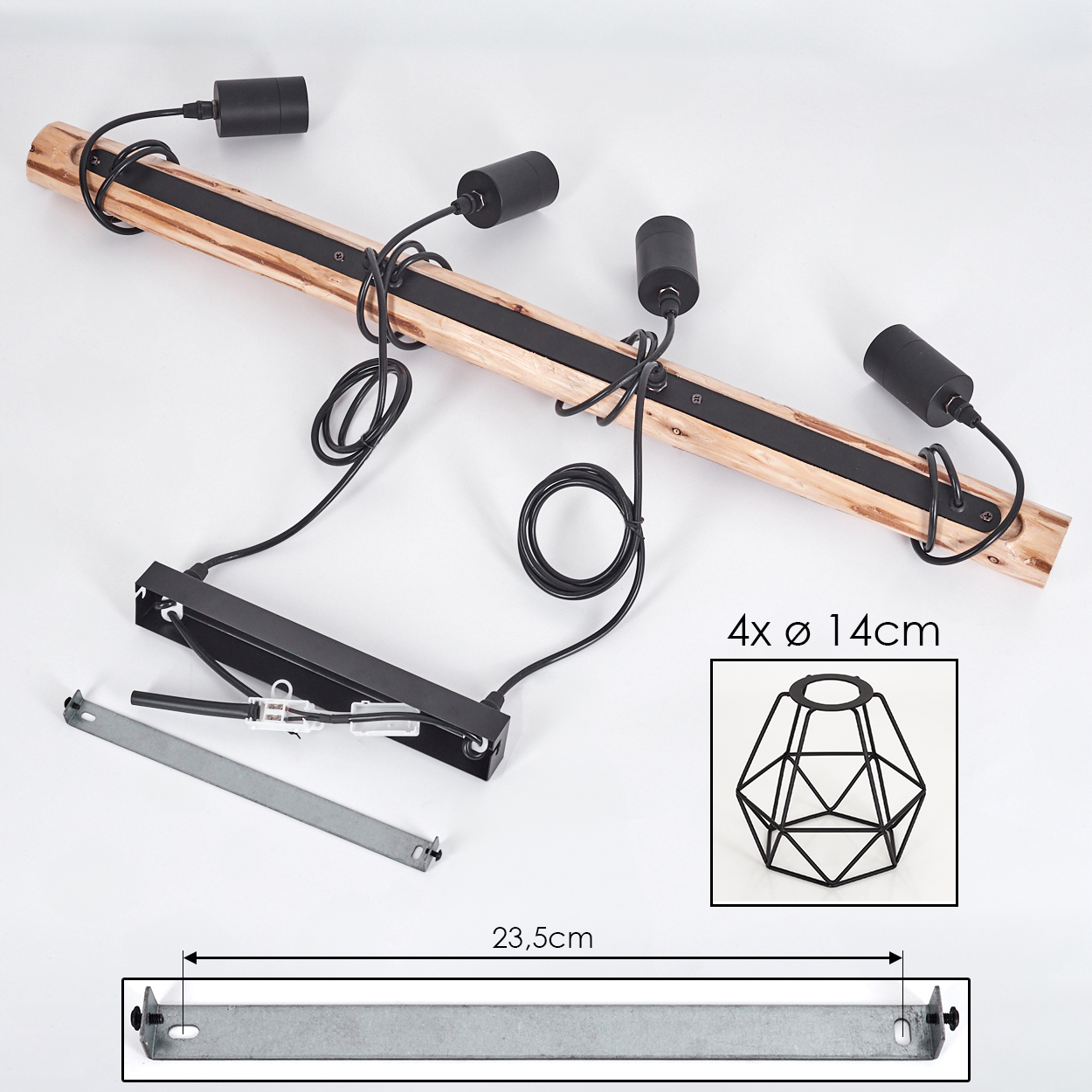 Holzlampe mit schwarzen Schirmen und Drähten, Metallhalterung und geometrischem Lampenschirm. Abmessungen und Größe sind ebenfalls angegeben.