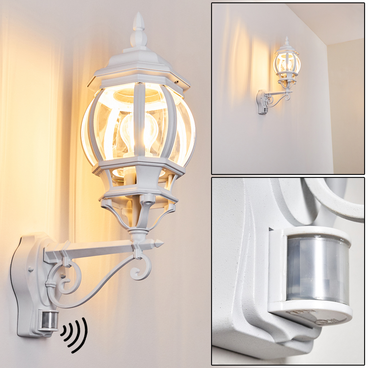 Weiße Außenwandleuchte mit Bewegungsmelder, an einer weißen Wand montiert. Die Lampe ist beleuchtet und hat ein klassisches Design.