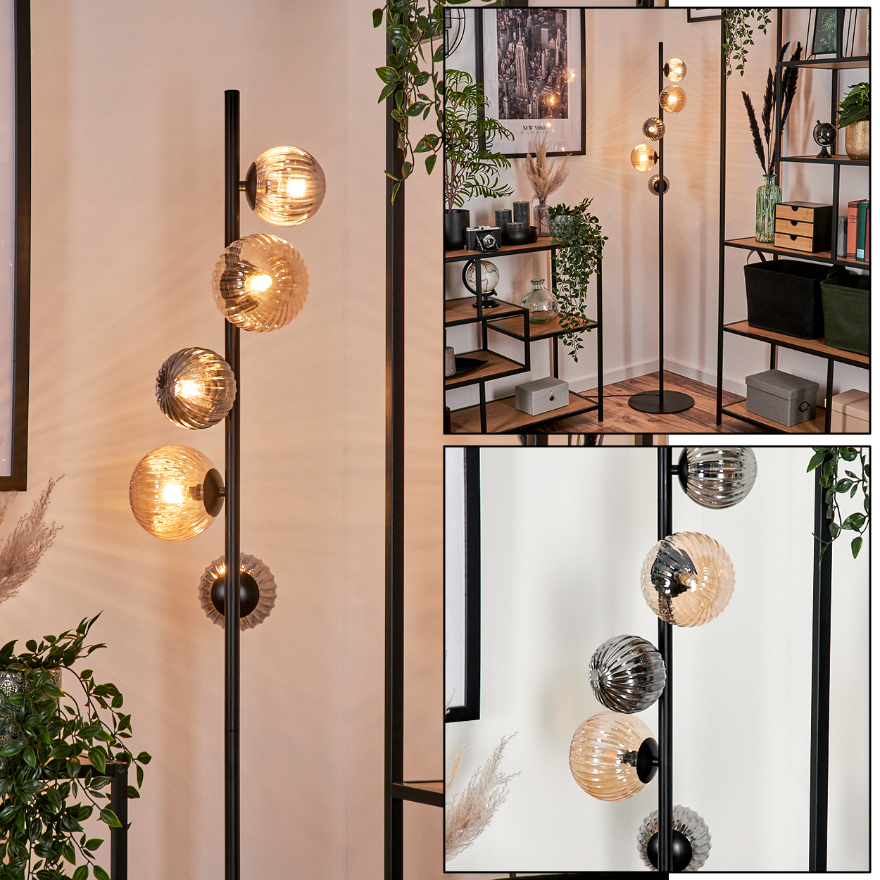 Eine schwarze Stehlampe mit fünf Glaskugelschirmen. Im Hintergrund ein Bücherregal mit Dekoration und Pflanzen.