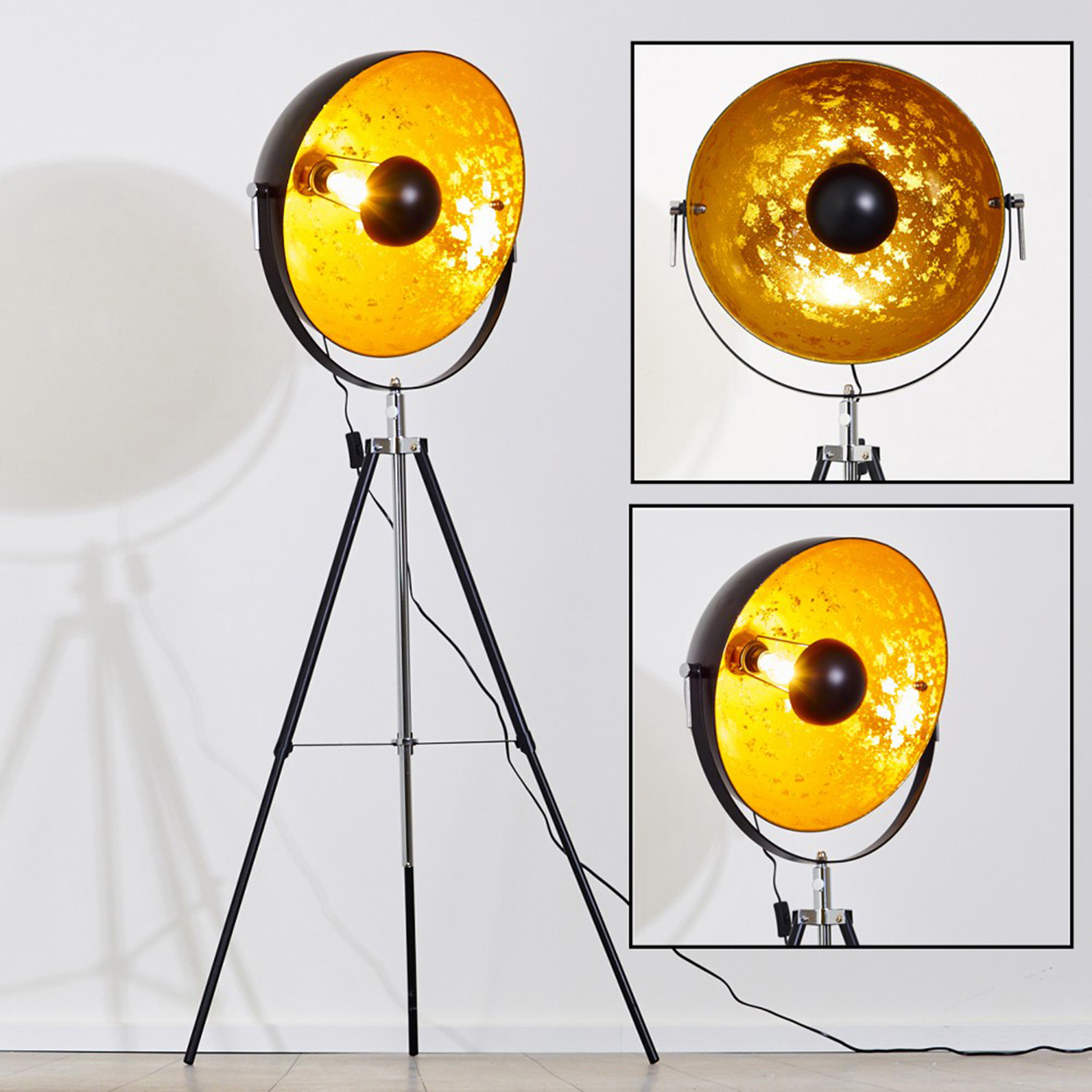 Eine schwarz-goldene Stehlampe mit Stativfuß und großem, rundem Lampenschirm. Es gibt zwei verkleinerte Bilder der Lampe.