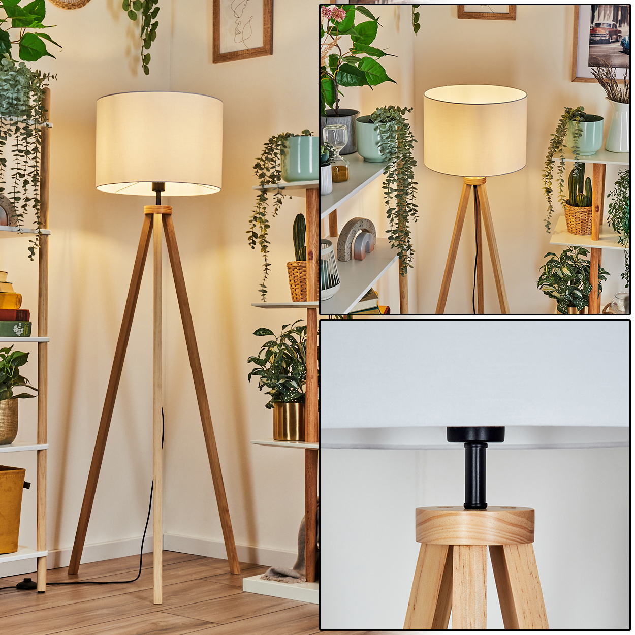 Eine hölzerne Stativ-Stehlampe mit weißem Lampenschirm. Regale mit Pflanzen umgeben sie und schaffen eine gemütliche Innenraumatmosphäre.