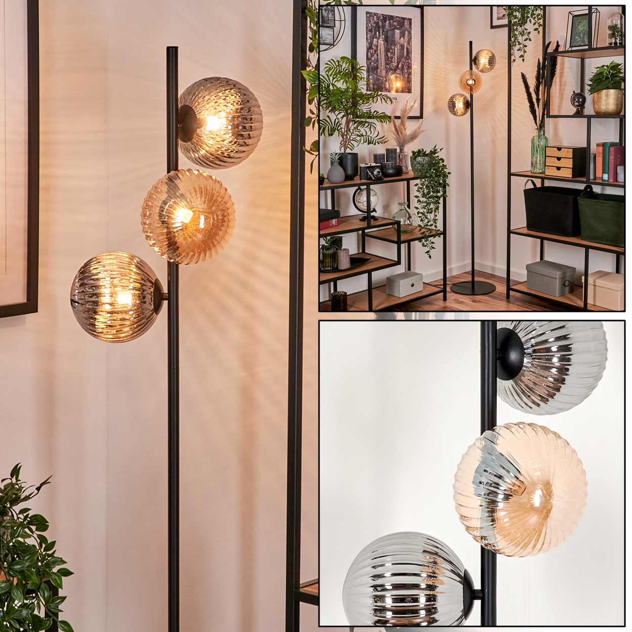 Eine schwarze Stehlampe mit drei kugelförmigen Schirmen. Im Hintergrund Regale mit Pflanzen und Dekoration.