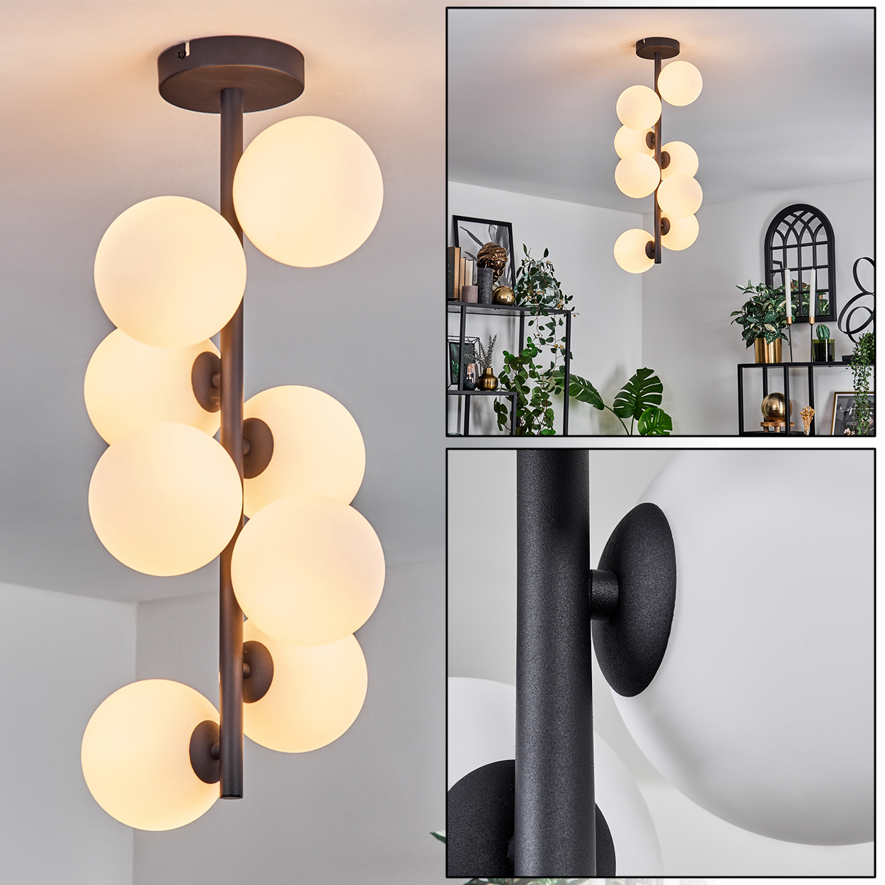 Eine moderne Deckenleuchte mit mehreren weißen Kugelleuchten hängt von der Decke. Die Leuchte hat eine dunkle Metalloberfläche.
