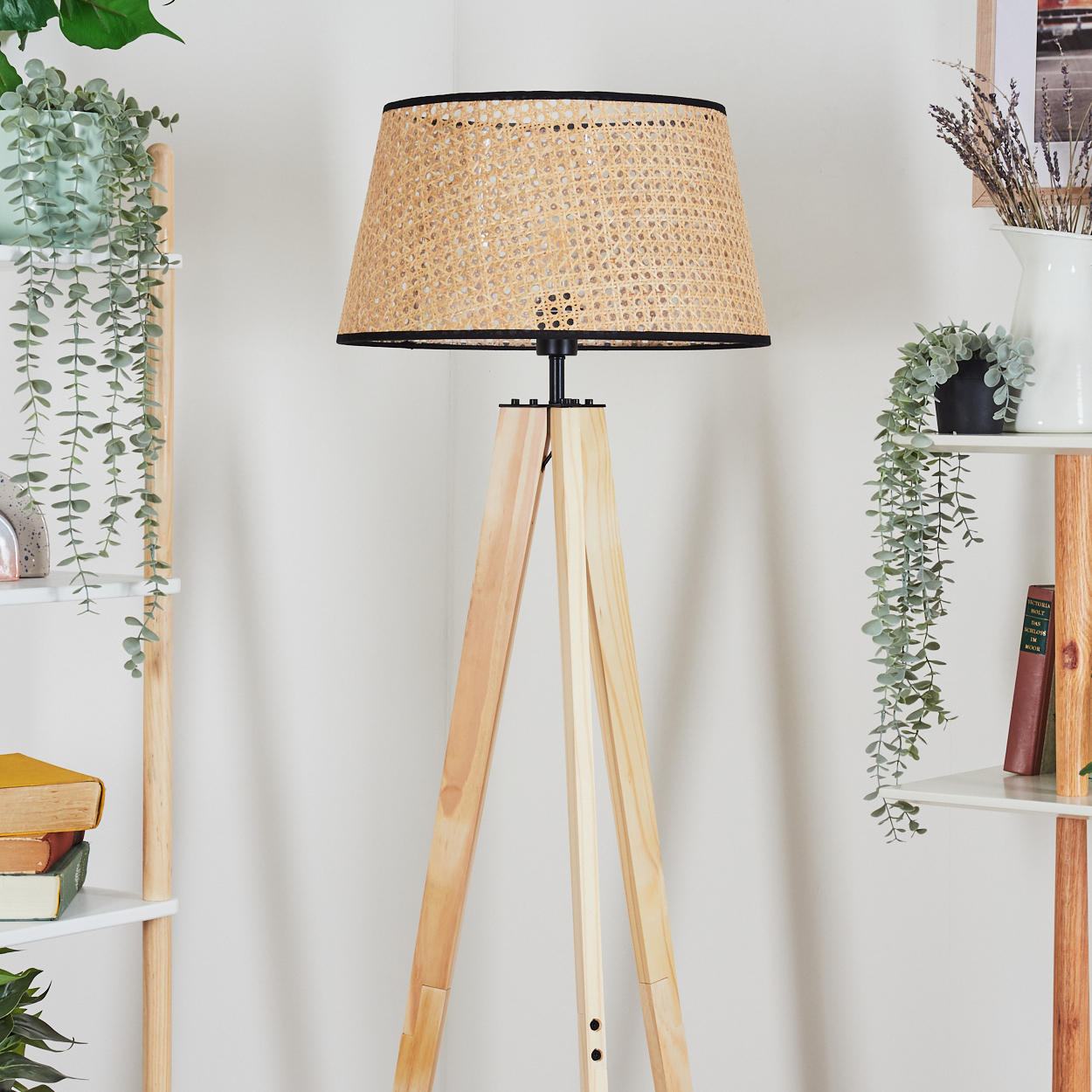 Eine hölzerne Stehlampe mit gewebtem Lampenschirm steht in einer Ecke. Regale mit Pflanzen und Büchern befinden sich neben der Lampe.