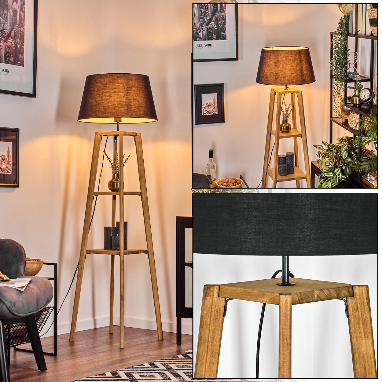 Eine hölzerne Stehlampe mit schwarzem Lampenschirm steht in einem Raum. Regale halten Dekorationen. Kunstwerke hängen an der Wand.
