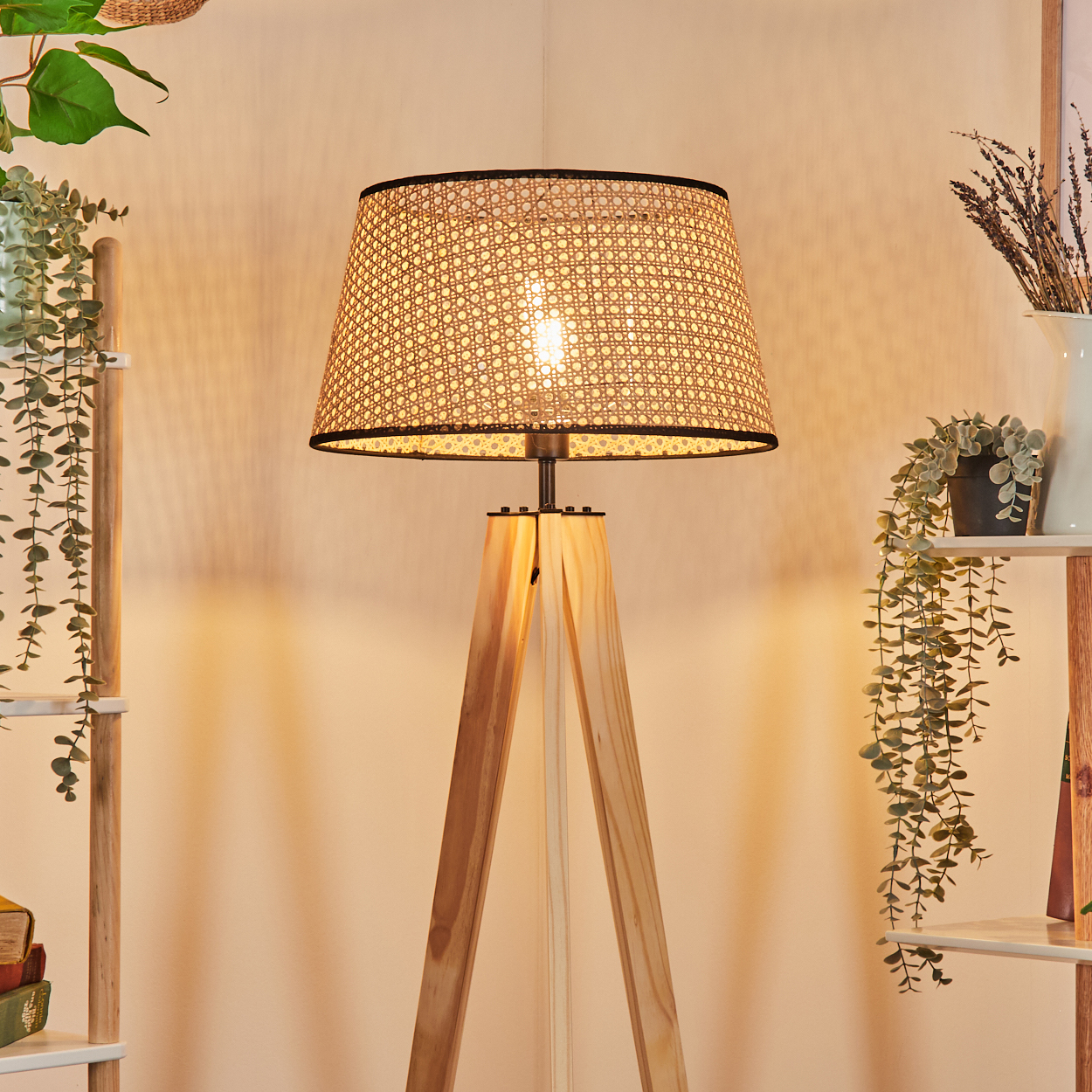 Eine Stehlampe aus Holz mit gewebtem Schirm. Grüne Pflanzen hängen von Regalen und einer Leiter. Der Hintergrund ist cremefarben.