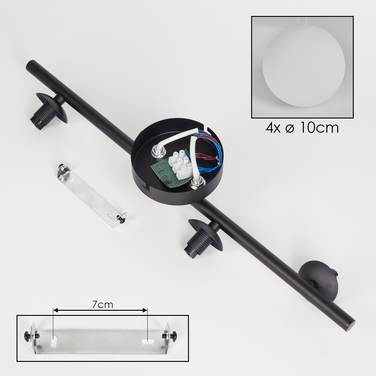 Schwarze, moderne Deckenleuchten-Teile mit einem Licht von 10 cm Durchmesser, Verkabelung und einer 7 cm langen Halterung.