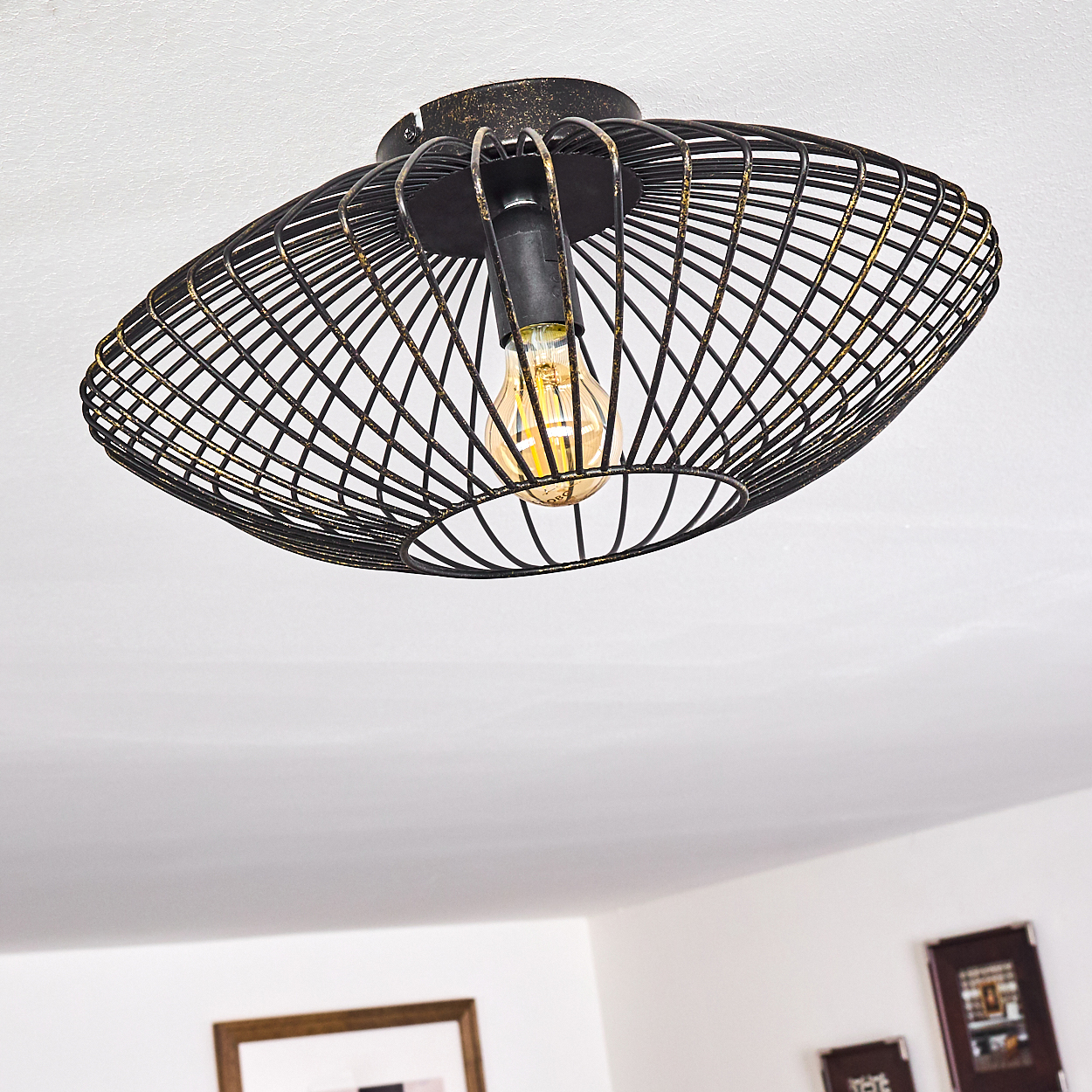 Eine Deckenlampe mit schwarzem Drahtgestell. Eine Glühbirne ist sichtbar. Der Hintergrund zeigt eine weiße Decke und Wand mit Rahmen.