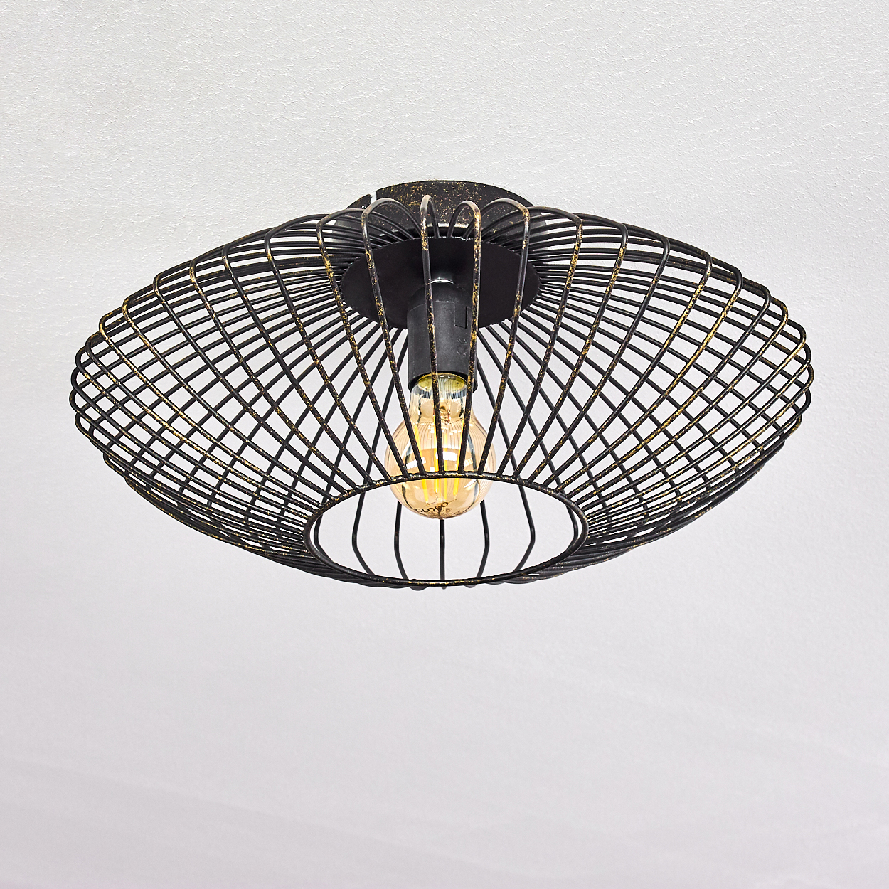 Eine schwarze Deckenlampe aus Metall mit Käfigdesign, goldenen Akzenten und einer leuchtenden Glühbirne vor weißem Hintergrund.