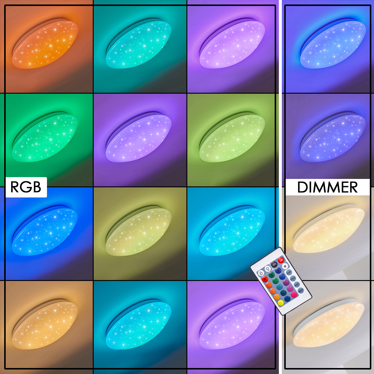 Ein Raster von Deckenleuchten in verschiedenen Farben, mit einer Fernbedienung. Die Lichter zeigen RGB-Farben und Dimmoptionen.