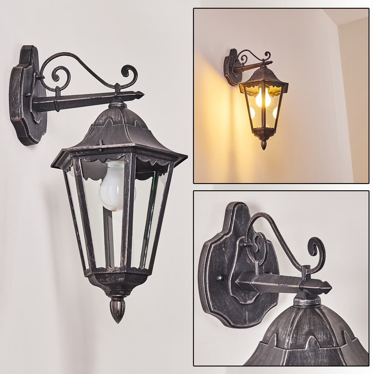 Eine verzierte, dunkle Metall-Wandlampe mit klaren Glasscheiben und einer weißen Glühbirne ist an einer weißen Wand montiert. Zusätzliche Ansichten werden gezeigt.