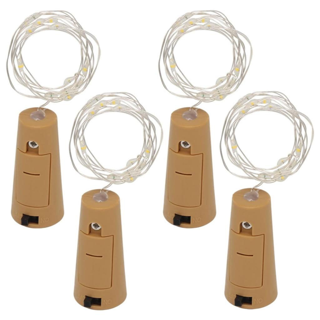 Sechs korkförmige Lichter mit LED-Leuchten. Die Korken sind hellbraun, die Lichter an dünnem Draht.