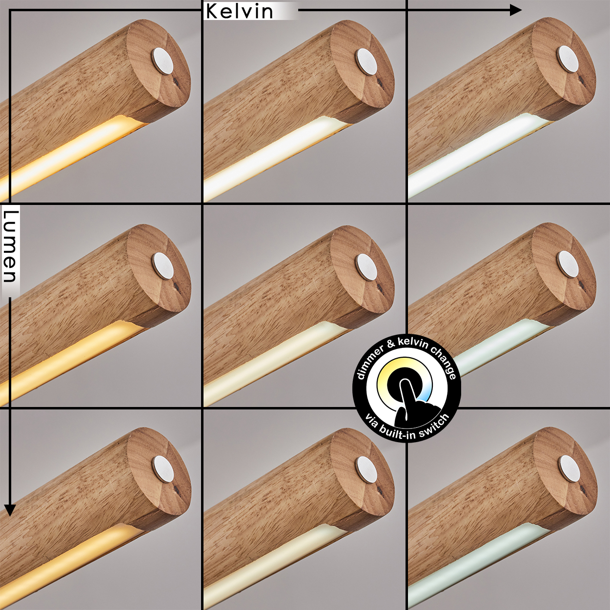Holzlampe mit warmem zu kaltem Licht, Dimmer und Kelvin-Änderung über Schalter. Helligkeit und Farbtemperatur Optionen.