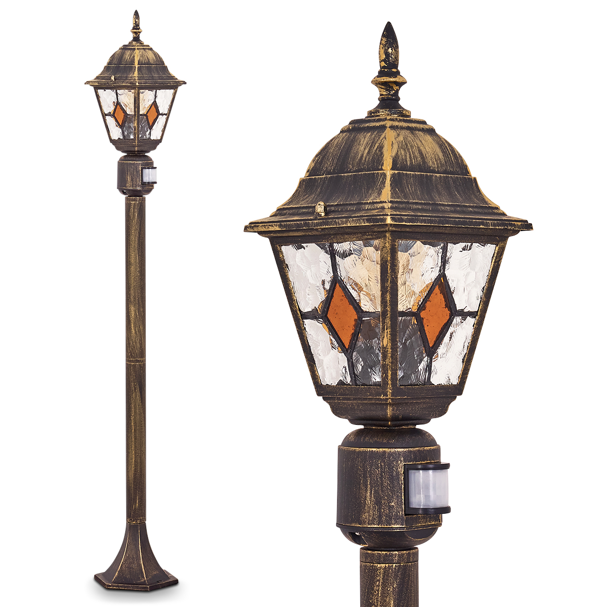 Eine bronzefarbene Straßenlaterne mit Buntglasscheiben. Die Lampe hat ein verziertes Design und einen Bewegungssensor.