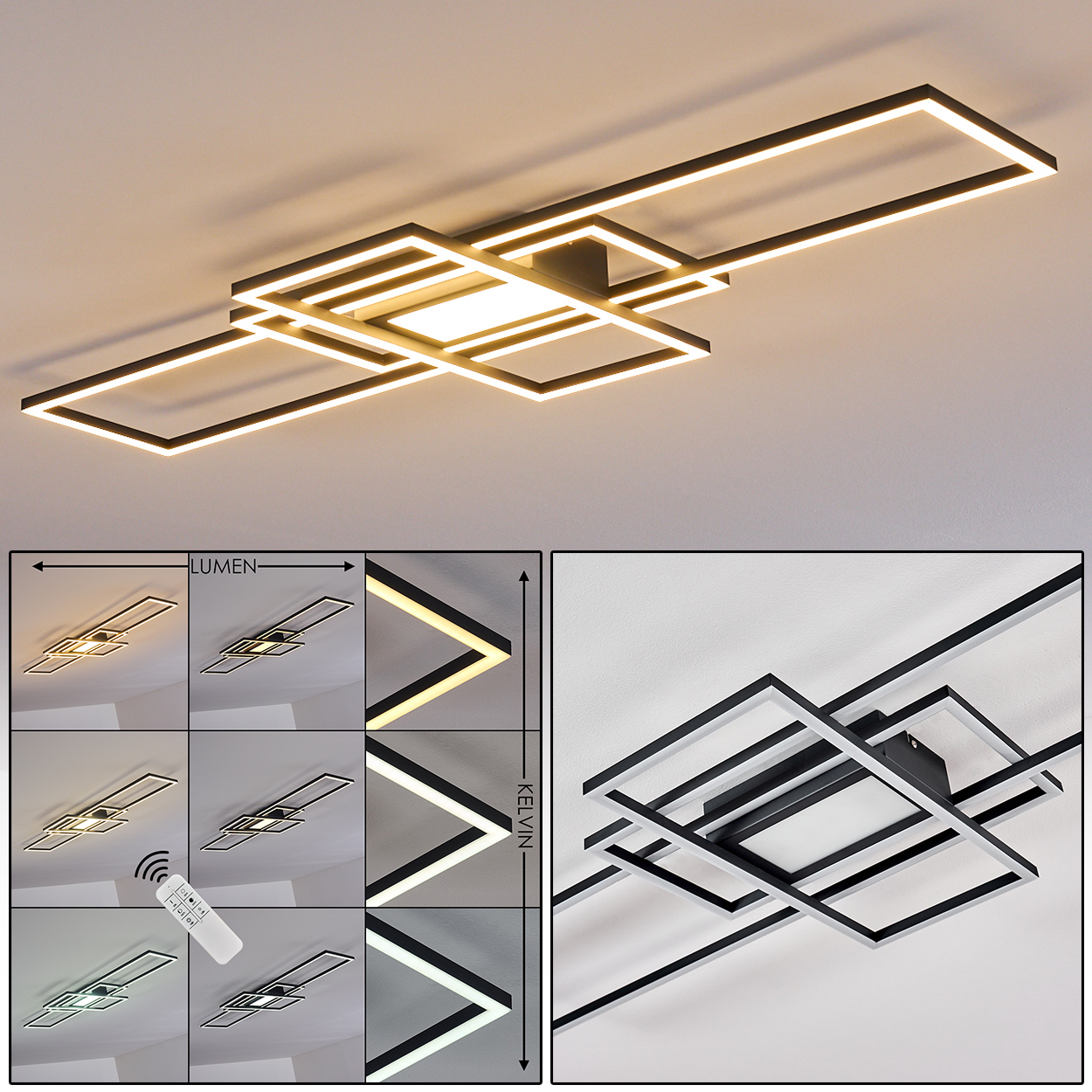 Moderne schwarze Deckenlampe mit geometrischen Formen und LED-Leuchten. Kelvin und Lumen sind als einstellbare Parameter dargestellt. Fernbedienung.
