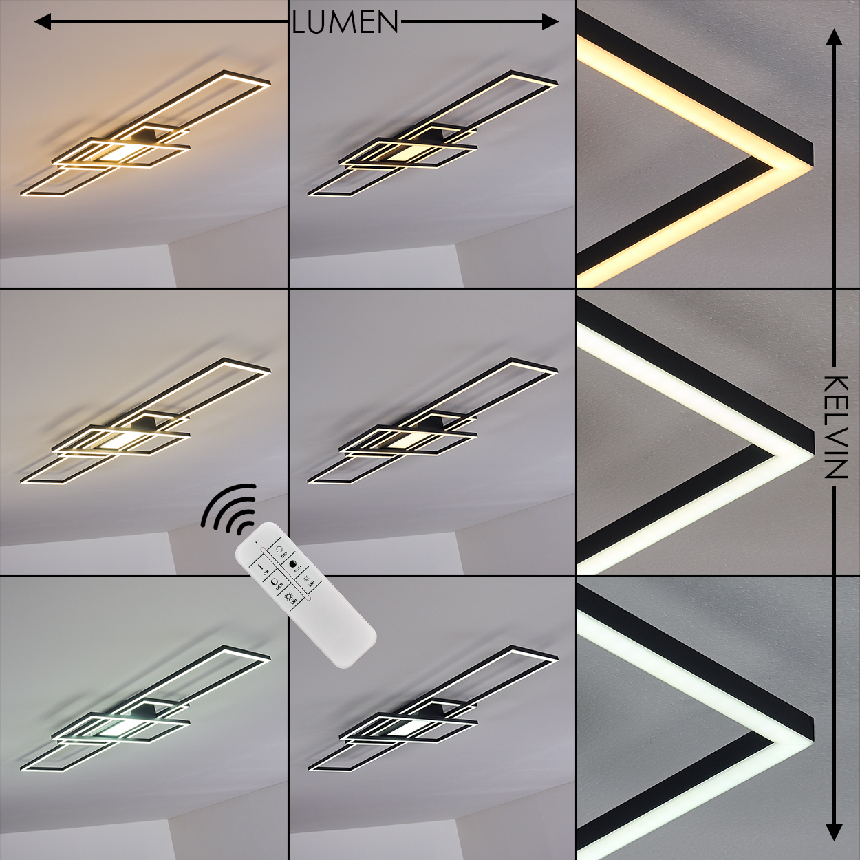 Neun Bilder zeigen eine Deckenleuchte mit einstellbarer Helligkeit und Farbtemperatur, gesteuert durch eine Fernbedienung. Die Leuchte hat ein quadratisches Design.