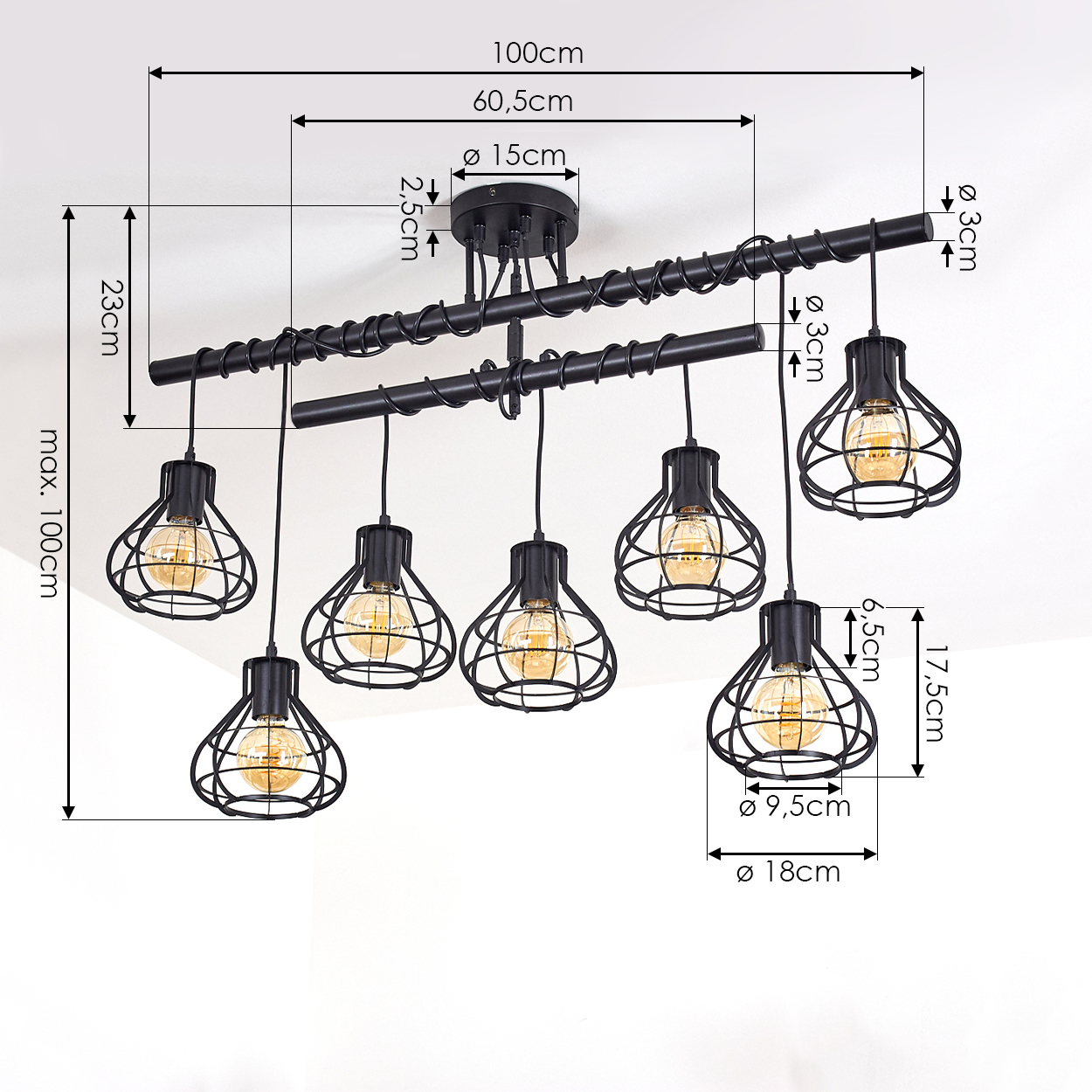 Schwarze industrielle Deckenlampe mit sieben Lichtern. Jedes Licht hat einen Käfigschirm und eine sichtbare Glühbirne. Messungen sind beschriftet.