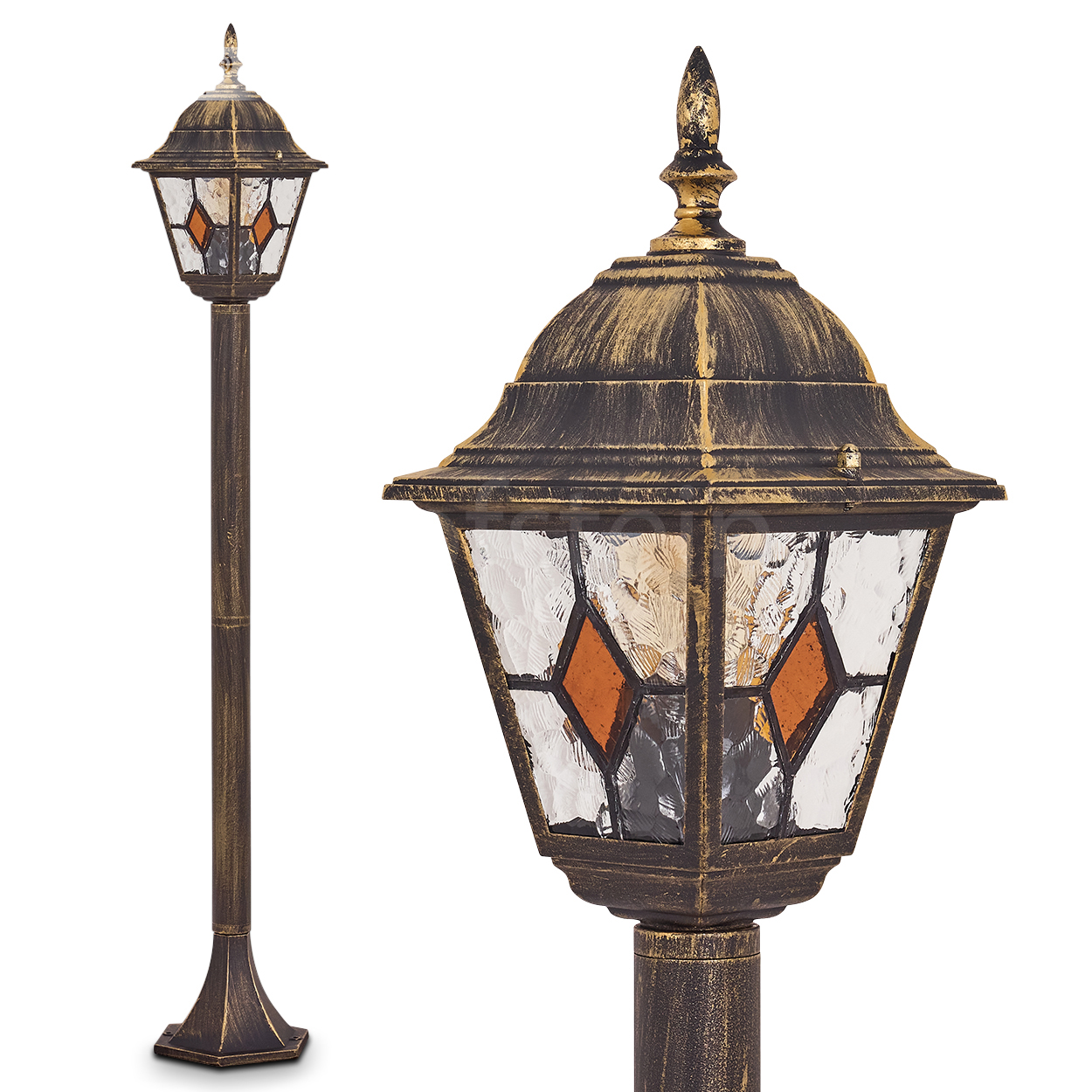 Eine dekorative Außenlampe mit Bronzefinish. Sie hat ein Glasgehäuse mit orangefarbenen Diamantakzenten und eine spitze Spitze.