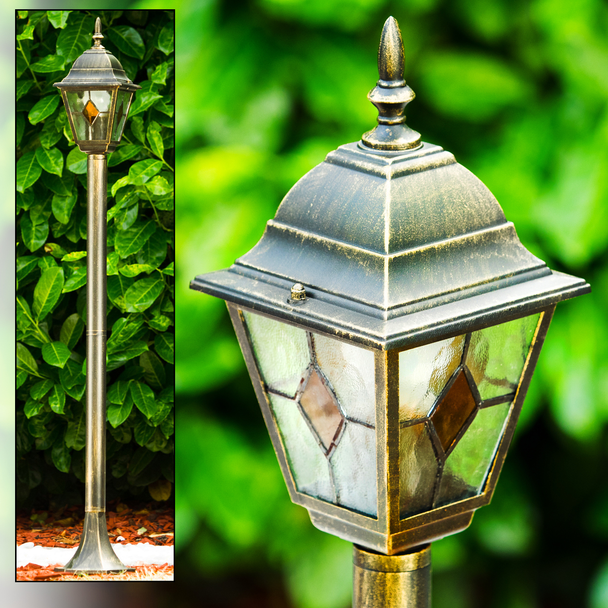 Eine verzierte Außenlampe im antiken Stil. Sie hat eine goldene Oberfläche, Glasscheiben und steht vor einem grünen Busch.