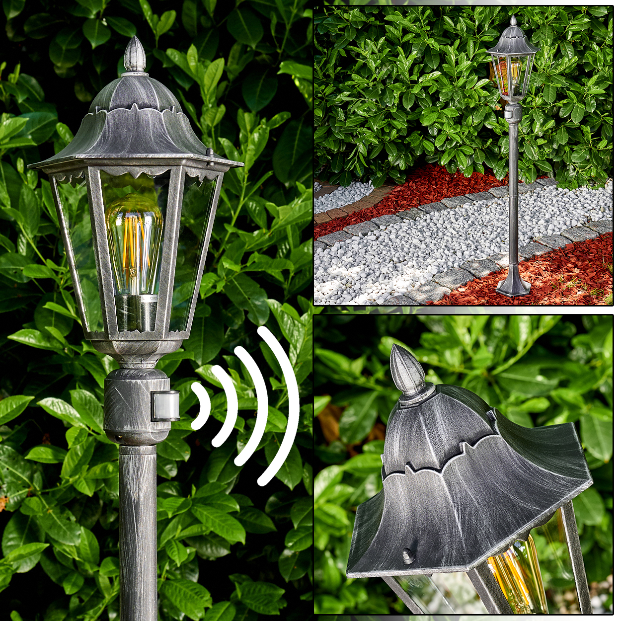 Eine graue Gartenlampe aus Metall mit Glühbirne, umgeben von grünen Büschen. Die Lampe hat einen Bewegungssensor mit Signalwellen.