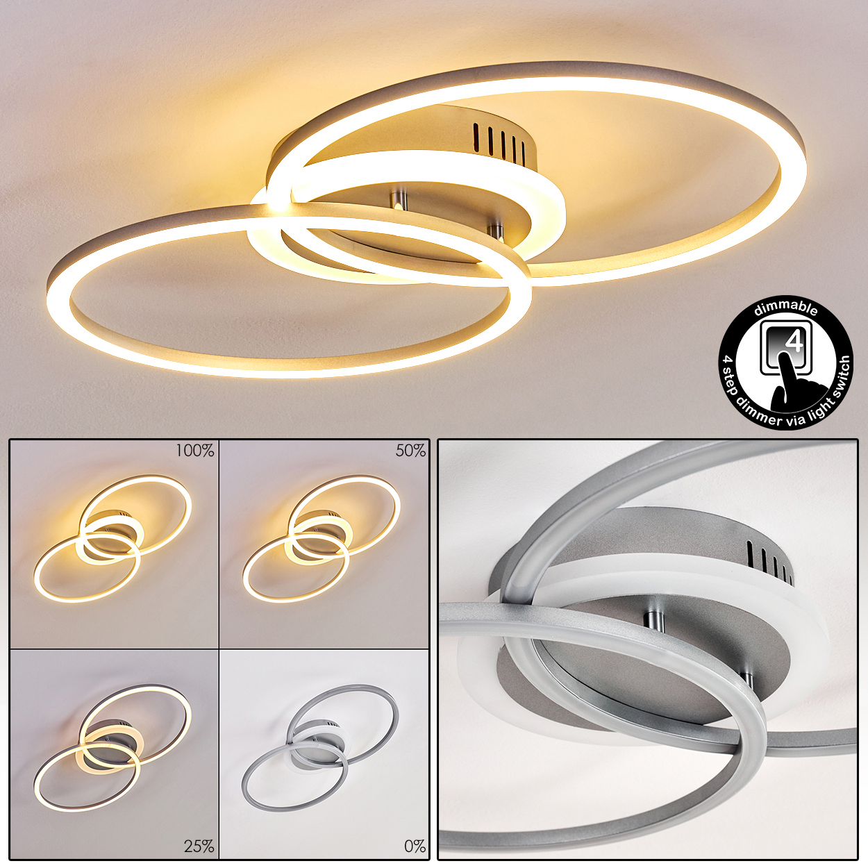 Eine moderne Deckenlampe mit drei miteinander verbundenen Leuchtringen. Sie hat einen Dimmschalter und vier Helligkeitseinstellungen.