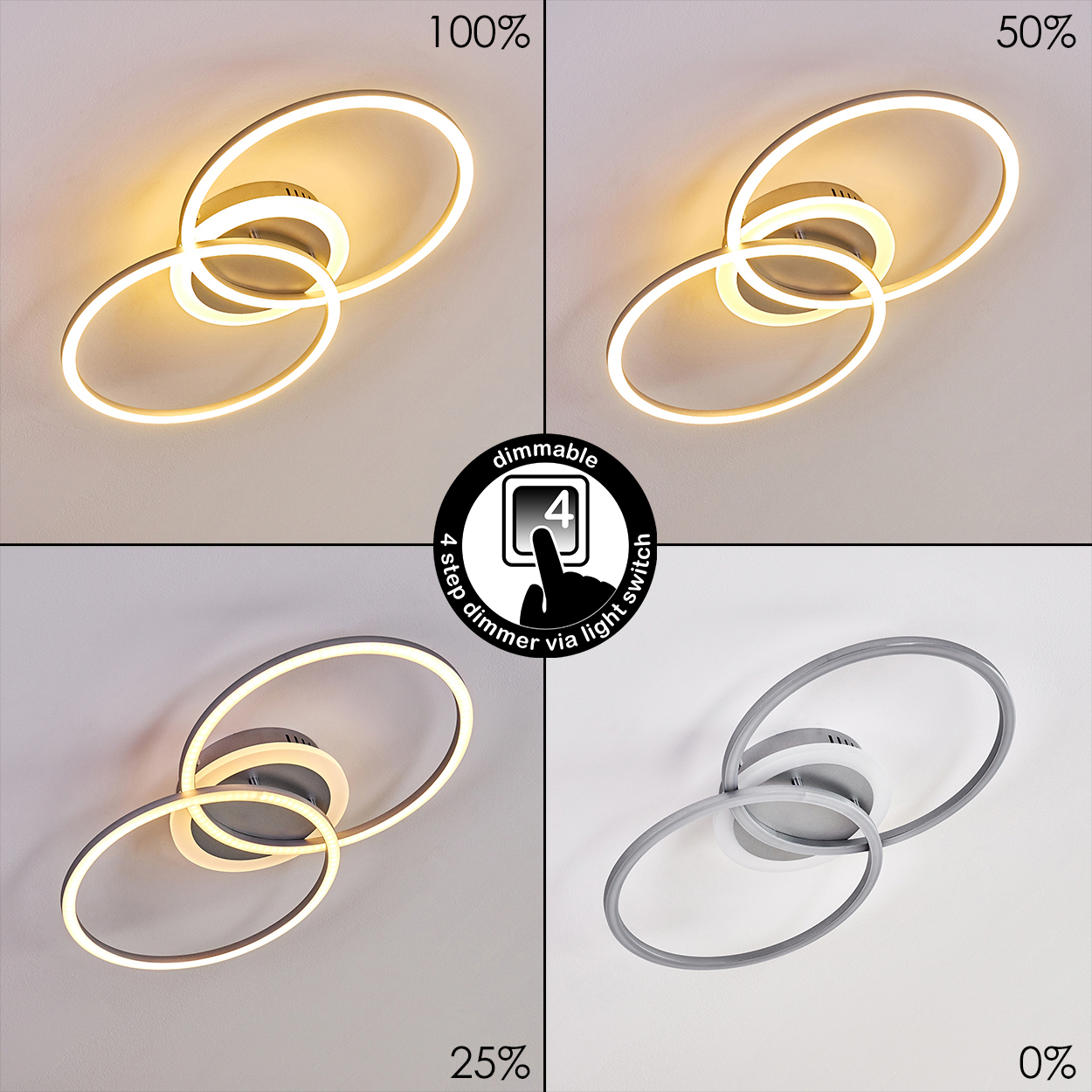 Vier Bilder, die eine dimmbare Deckenleuchte mit unterschiedlichen Helligkeitsstufen zeigen. Die Leuchte hat ein modernes Design.