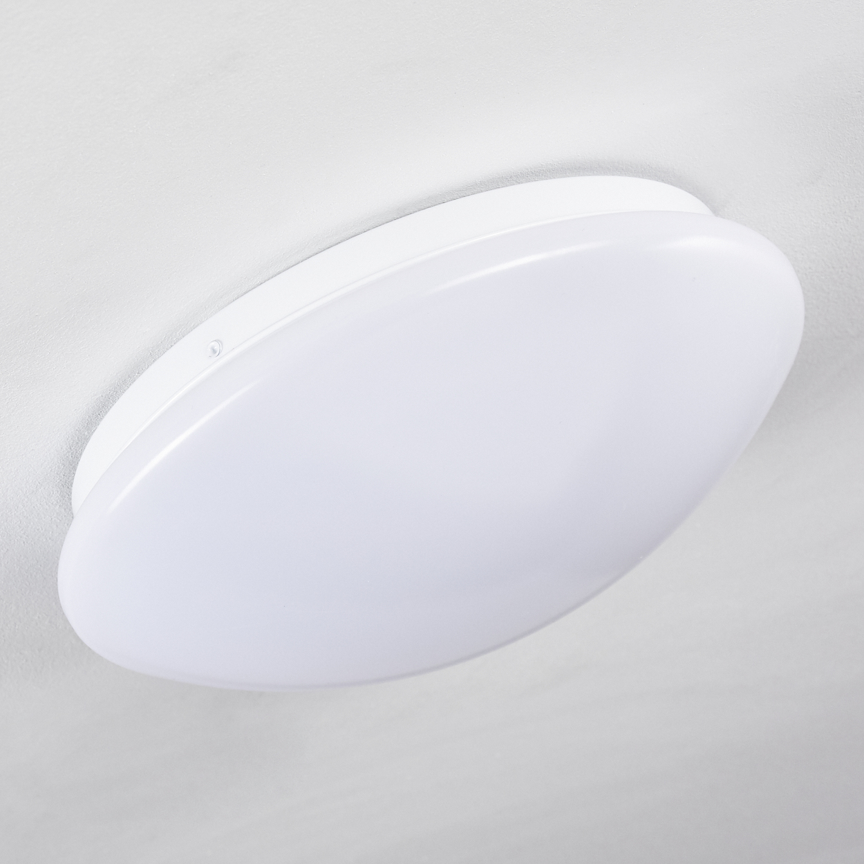 Eine weiße, ovale Deckenleuchte ist an einer weißen Decke befestigt. Die Leuchte hat eine abgerundete, matte Kunststoffabdeckung.