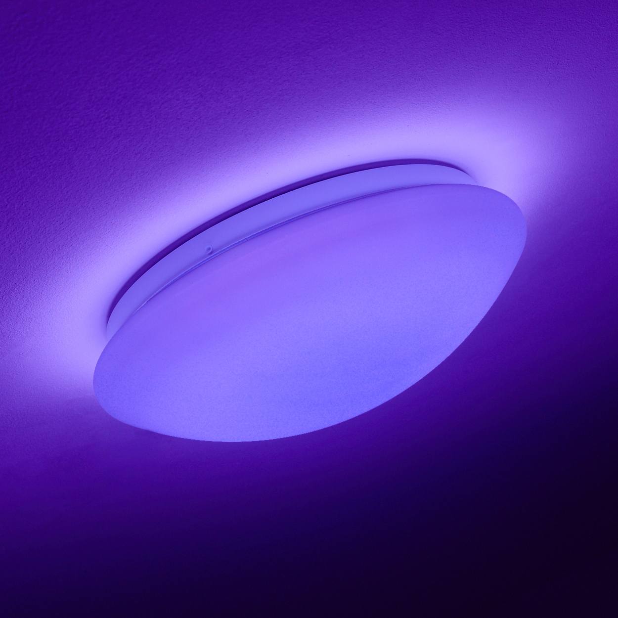 Eine violett beleuchtete Deckenleuchte ist mittig im Bild. Die Lampe ist oval mit weißem Rand. Auch die Decke ist violett.