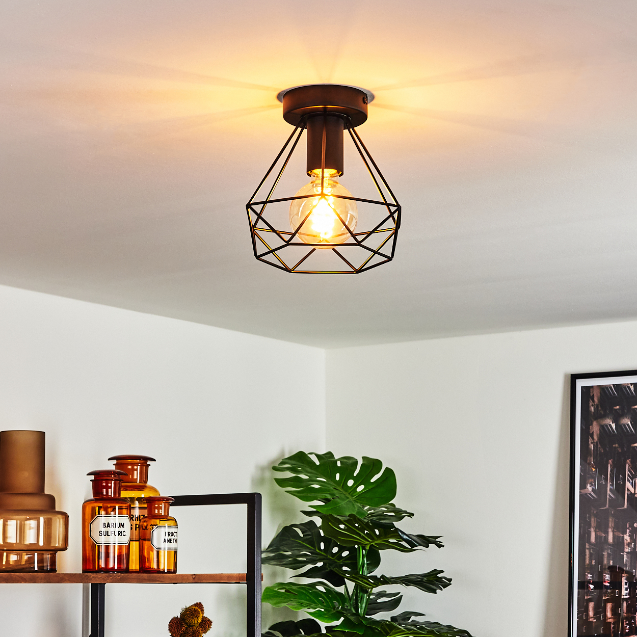 Eine geometrische schwarze Deckenlampe scheint Licht. Darunter befindet sich ein Regal mit Glasbehältern und eine Pflanze. Die Wand ist weiß.