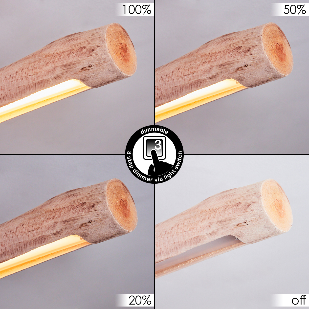 Eine Holzlampe zeigt verschiedene Lichtstärken: 100 %, 50 %, 20 % und aus. In der Mitte befindet sich ein Dimmschalter-Symbol.