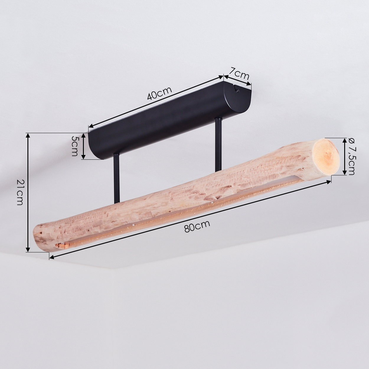 Eine Holz- und schwarze Metall-Lampenhalterung. Die Lampe ist an einer weißen Decke montiert. Maße sind auf dem Bild angezeigt.