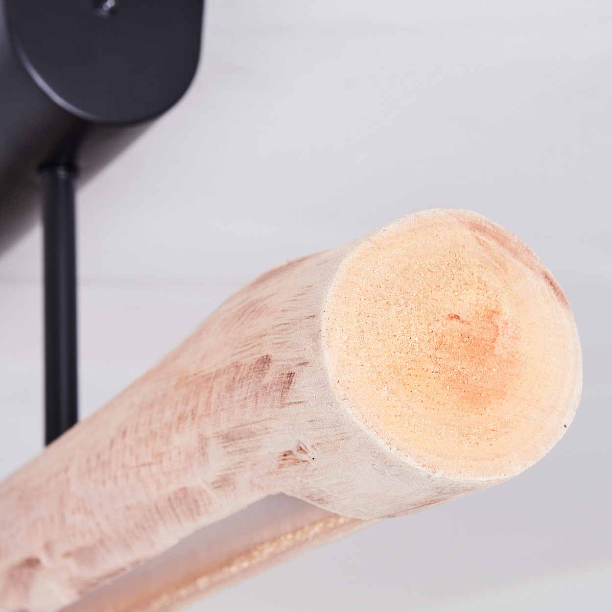Nahaufnahme eines Holzstamms, hellbraun mit weißer Farbe. Im Hintergrund ist eine schwarze Metallstruktur zu sehen. Weißer Wandhintergrund.