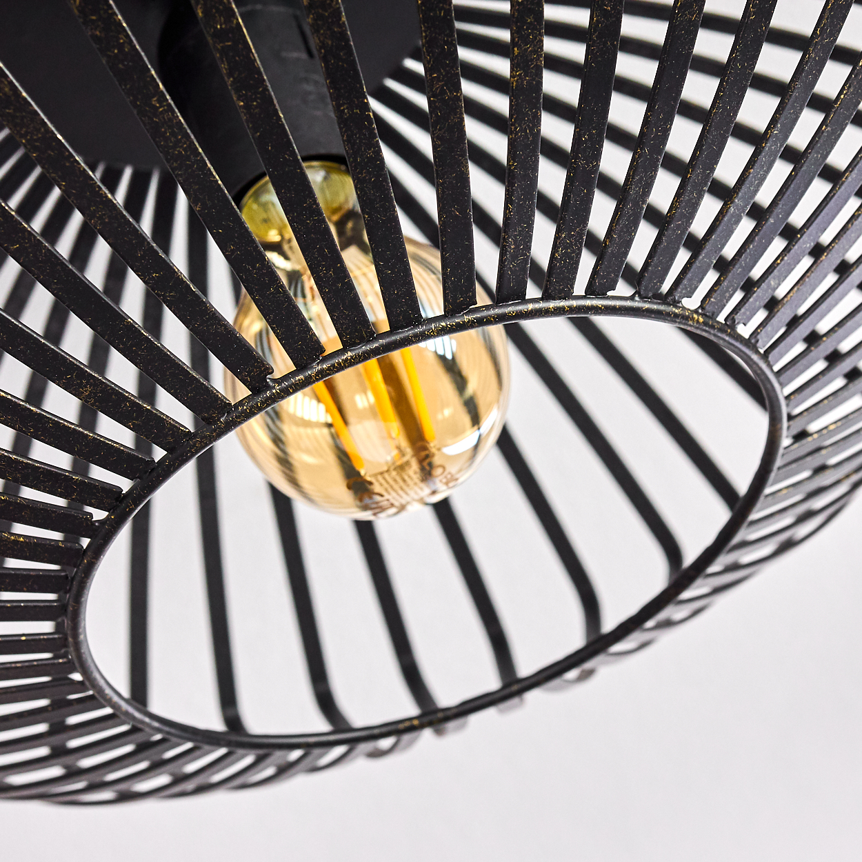 Nahaufnahme einer schwarzen Metalllampe. In der Mitte befindet sich eine Glühbirne, umgeben von Metallstäben. Der Hintergrund ist weiß.