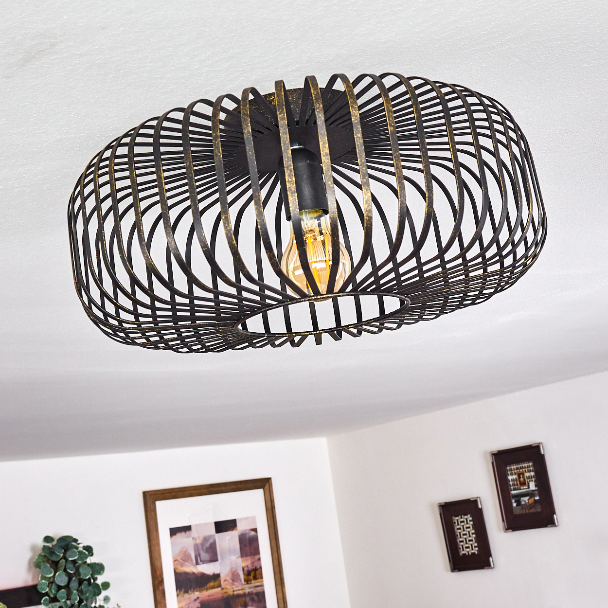 Eine schwarze, käfigartige Deckenlampe mit sichtbarer Glühbirne hängt von einer weißen Decke. Bilder schmücken die weiße Wand darunter.