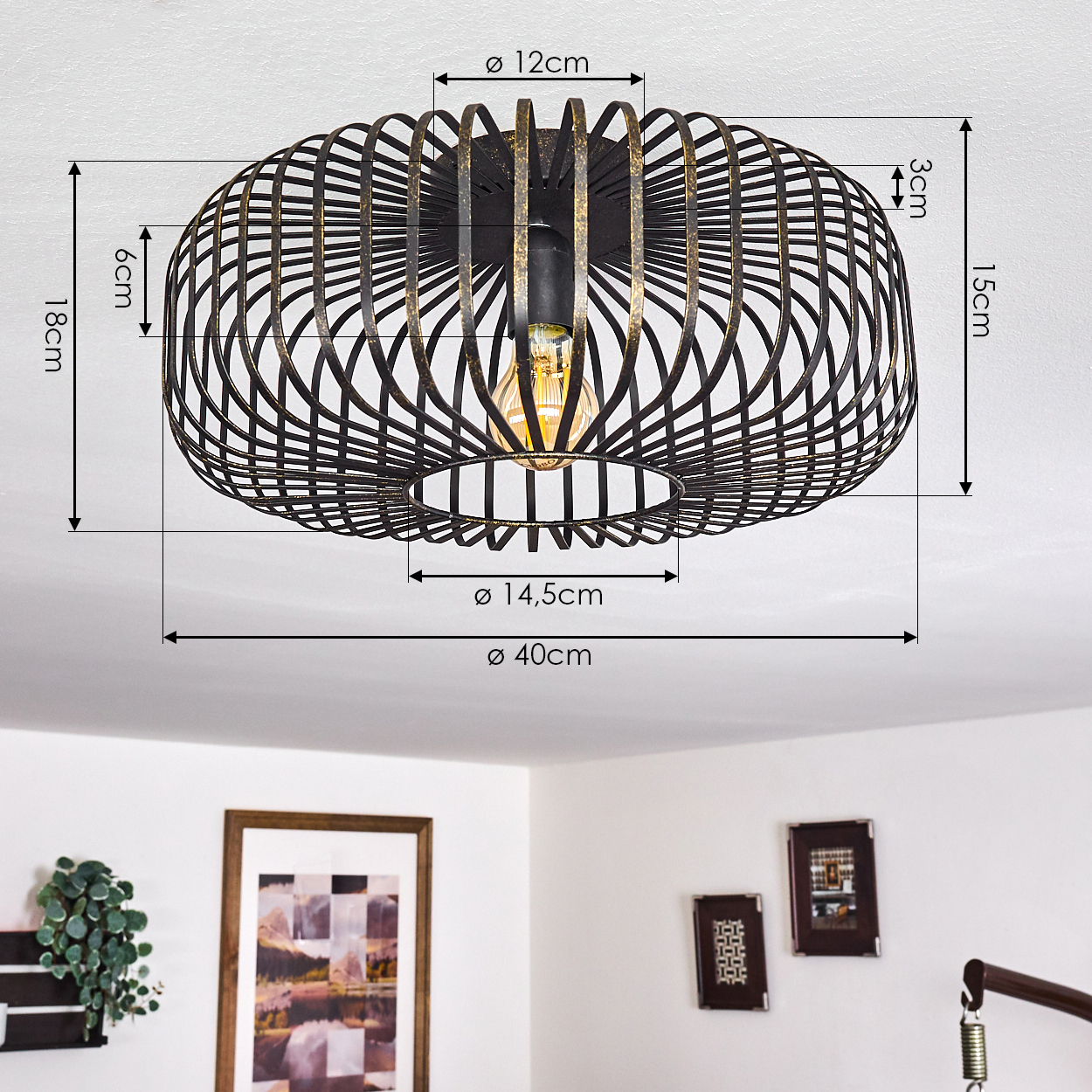 Eine schwarze, käfigartige Deckenlampe mit Maßen. Die Lampe befindet sich an einer weißen Decke. Ein gerahmtes Bild und Wanddekor im Hintergrund.
