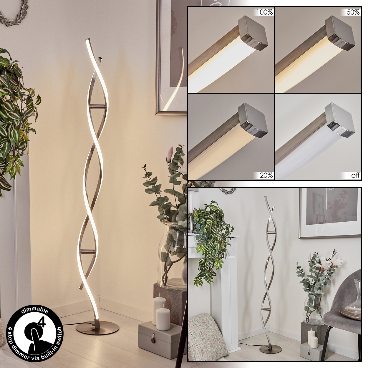 Moderne Stehlampe mit geschwungenem Design, die verschiedene Lichtintensitäten zeigt. Die Szene hat Pflanzen und eine dekorative Einrichtung.