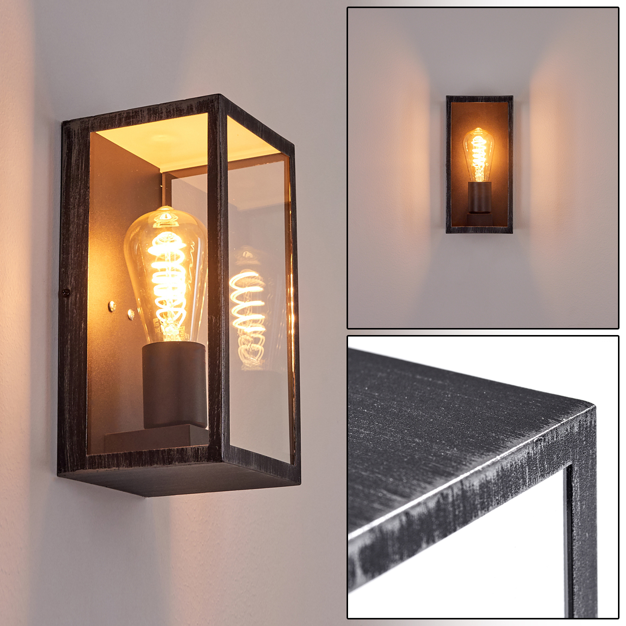 Eine Wandlampe mit einer Vintage-Glühbirne in einem rechteckigen Rahmen. Der Rahmen ist dunkel mit Glasscheiben.