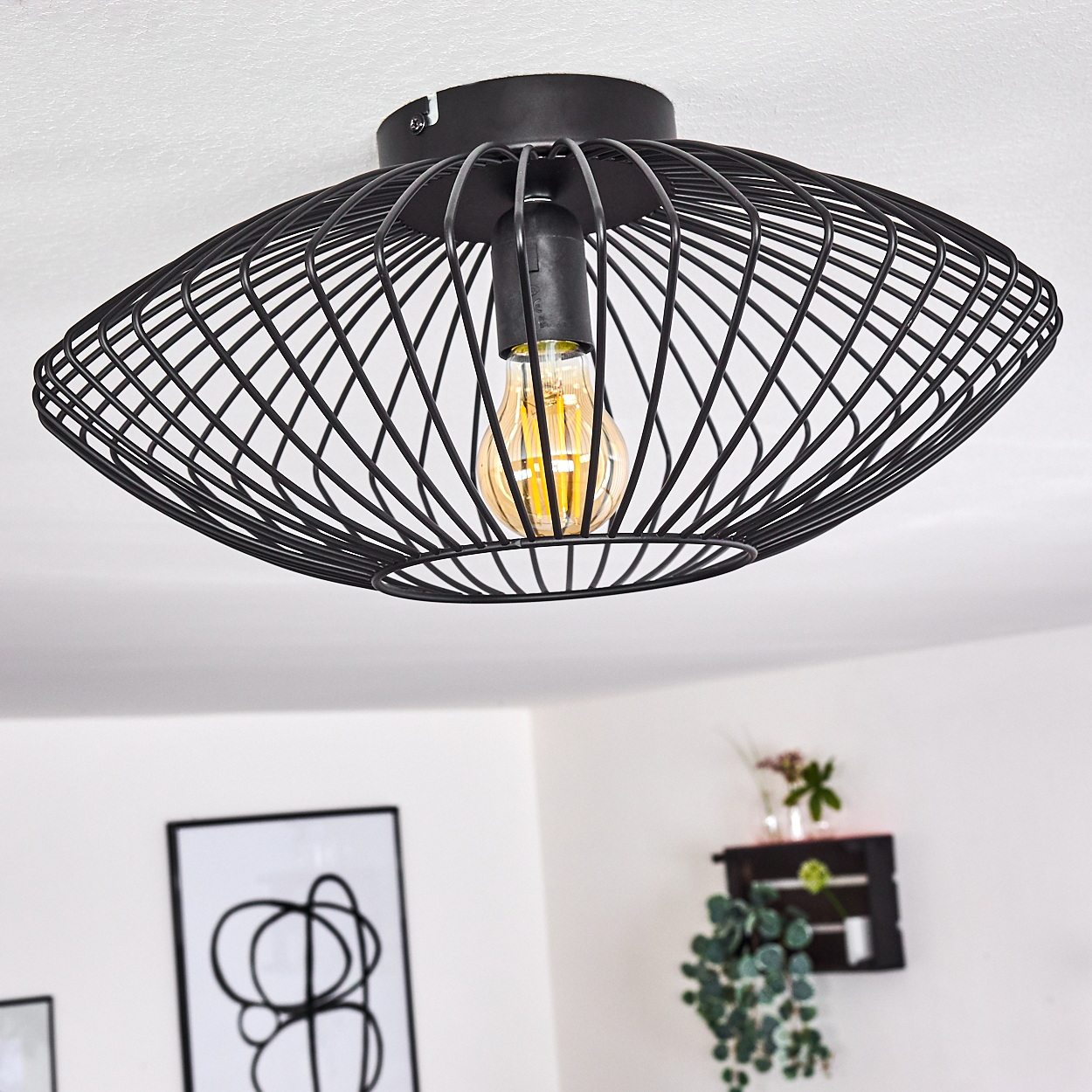 Schwarze Metallkäfig-Deckenlampe mit einer leuchtenden Glühbirne. Weiße Decke und Wand, gerahmte abstrakte Kunst und ein kleines Regal mit Pflanzen.