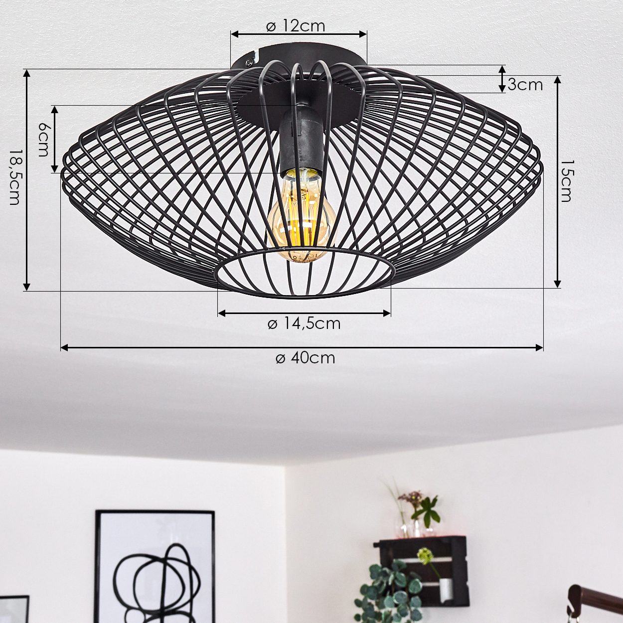 Schwarze Deckenlampe aus Metall mit dekorativem Käfigdesign. Abmessungen sind angegeben. Im Hintergrund ein Raum mit Kunst und Pflanzen.