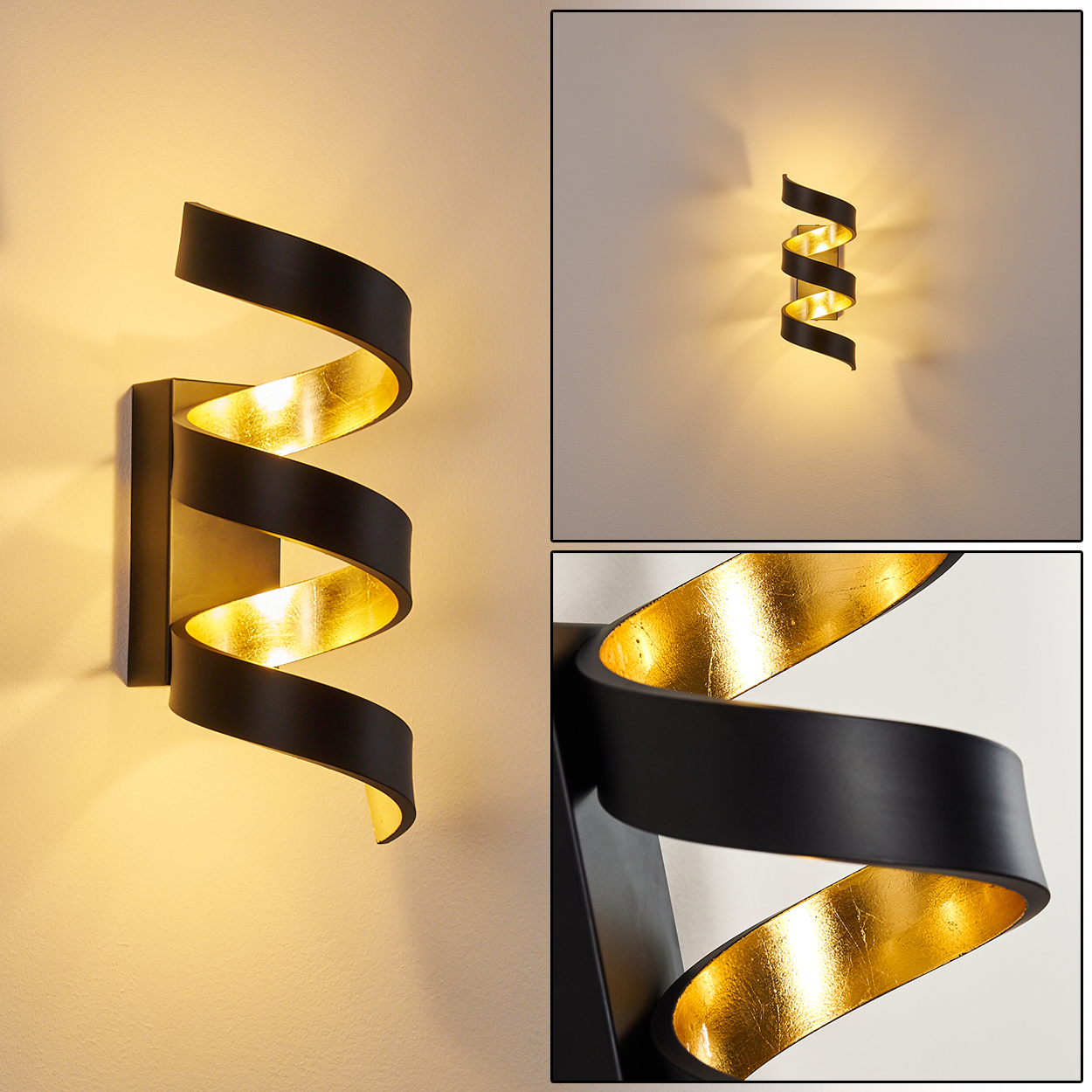 Wandleuchte mit schwarzem, spiralförmigem Design. Goldener Innenraum reflektiert Licht. An einer Wand mit warmer Beleuchtung montiert.