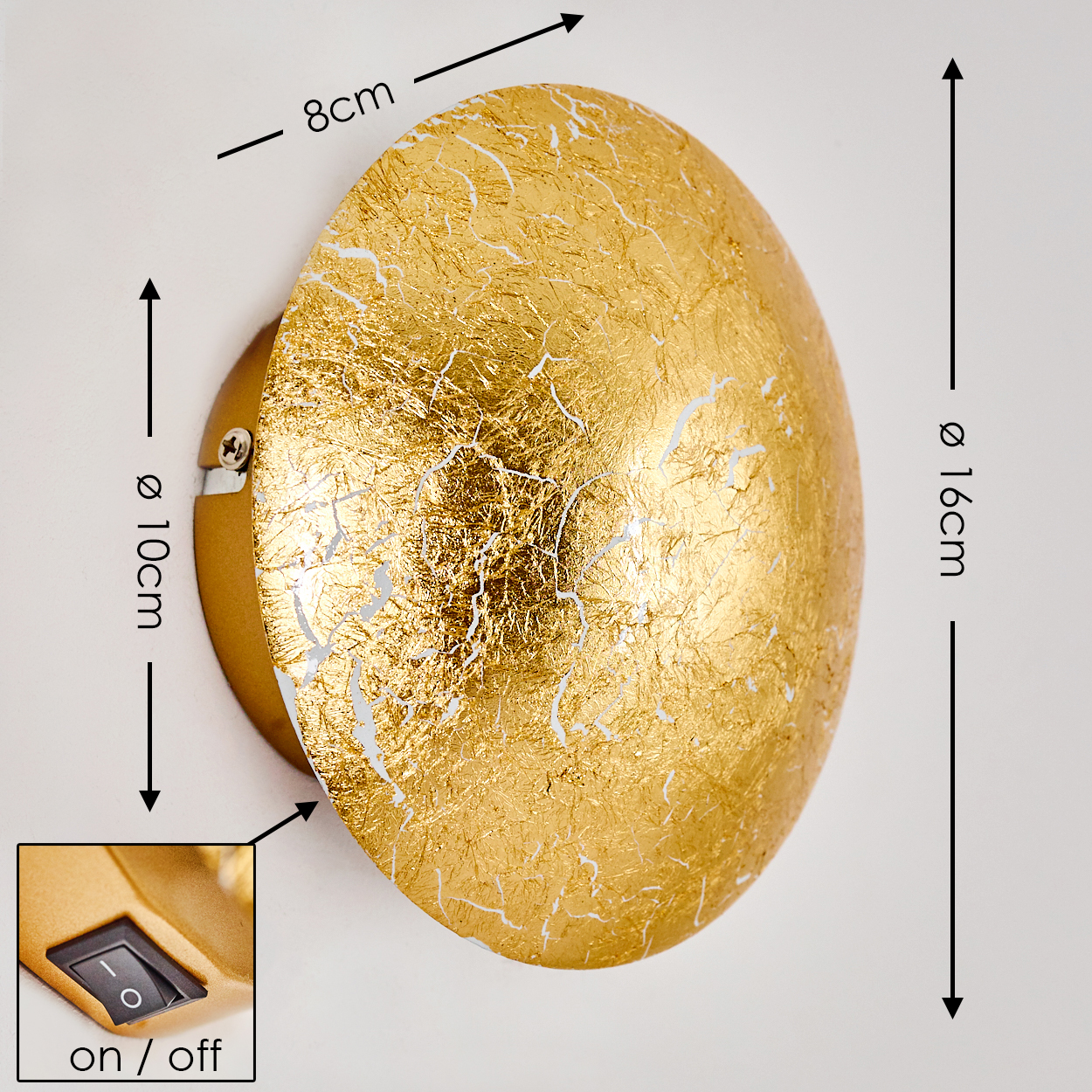 Eine goldene Wandleuchte mit rissiger Textur. Die Abmessungen sind beschriftet: 8 cm, 10 cm und 16 cm. Ein Ein/Aus-Schalter ist im Einsatz gezeigt.